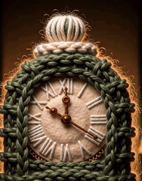 AI generated video: WoolWorld, a grandfather clock with a tall knitted case in forest green aran…