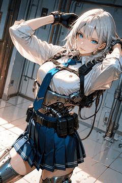 AI generated video: Cyborg woman stretches with both arms behind her head, white hair softly…