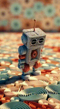AI generated video: A complex, intricate stop-motion style animation frame. The small robot is…