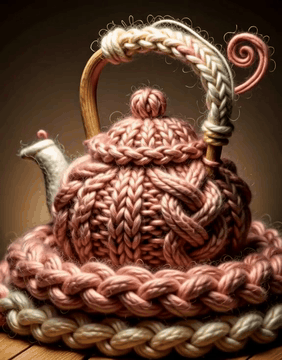 AI generated video: WoolWorld, a plump knitted teapot in dusty rose merino wool, cable-knit body…