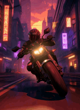 AI generated video: 0–1 second: A motorcycle rider speeds into view through a cel shaded cyberpunk…