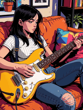 AI generated video: subject_definitions: <Subject 1> is the girl in <Picture 1>, holding a guitar…