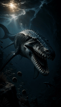 AI generated video: 5-second cinematic prehistoric underwater horror video. The enormous mosasaurus…