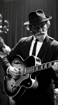AI generated video: @ksaw777 is playing guitar in a 50 type of jazz band and people and dancing and…