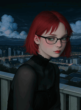 AI generated video: averting eyes, wind blown hair, city lights, moving clouds