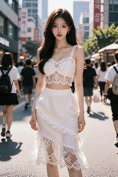 AI generated video: A young woman in a white lace dress is standing on a city street, As the…