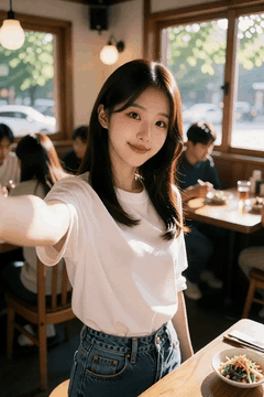 AI generated video: A young woman takes a selfie in a restaurant and the guests in the background…