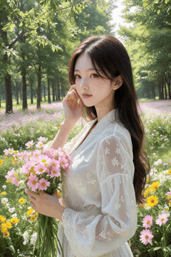 AI generated video: and a young woman wearing a white dress is standing with a pink bouquet of…
