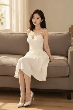 AI生成视频：A woman in a white dress is sitting on the sofa, The window curtain swayed…