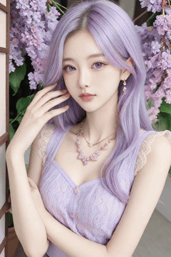 AI generated video: A lavender haired woman changes her posture in front of the flowers, Her long…