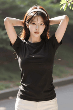 AI generated video: A woman is standing with her hands behind her head, The long hair swings softly…