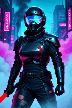 AI generated video: riot frontliner, chrome visor cracked and bloodied, industrial harness armor…