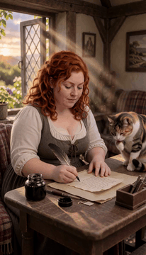 AI generated video: franceswilson. <Subject 0> is the woman with curly red hair in the grey bodice…