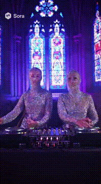 AI generated video: female DJs in full opaque chainmail that you CAN NOT see through; stained glass…