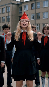 AI generated video: Integrated_multimodal_description: Two young women in Soviet school uniforms…