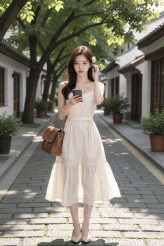Видео, сгенерированное нейросетью: A young woman in a white dress is standing on the street, touching her hair…