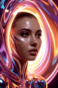 AI generated video: Close-angled cinematic shot of a model, into a swirling light portal, her skin…