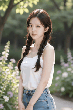 AI generated video: A woman is standing in a park garden,, the light breeze shakes her hair and…