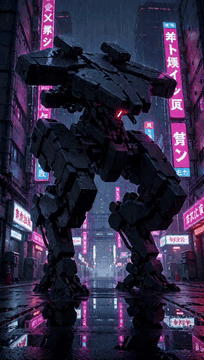 AI generated video: A street-level, low-angle perspective looking up at a towering 50-foot military…