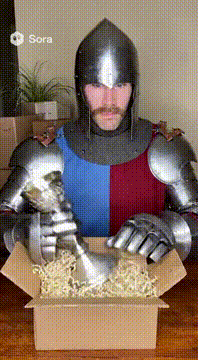 AI generated video: The knight is unboxing a new chalice haul. He has tons of boxes behind him and…