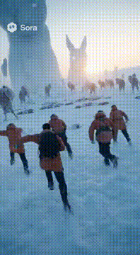 AI generated video: Next scene: a group of 6 men and women, scruffy looking with long unkempt hair…