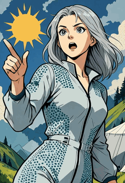 AI generated video: woman upper body, Gray hair, hand pointing up, surprised, , wearing Printed…