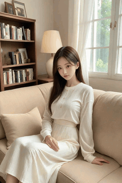 AI generated video: A woman sits quietly on the sofa and, The window curtain is fluttering in the…