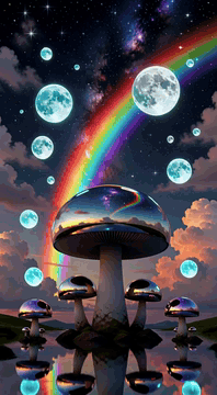 AI generated video: c1tr0nL4nd, chrome stalk with mirrored mushroom dome rising from a reflective…