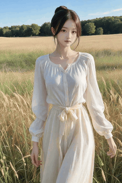 AI generated video: A woman in a white dress walks slowly in the field,, the gentle breeze shakes…