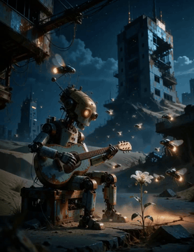 AI生成视频：A world of rusted metal, where a robot sits atop a box, playing a guitar…