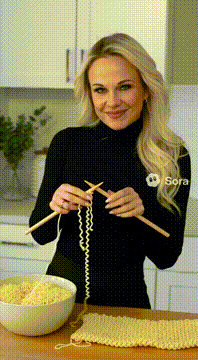 AI generated video: @erin_nicole knits blankets and accessories out of Ramen noodles.