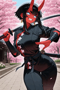 AI generated video: Akami performs a graceful, dance-like sword routine, moving with elegant…
