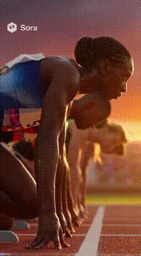 AI generated video: A tense Olympic sprint race at sunset. Athletes crouch at the starting line…