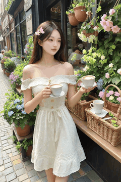 AI generated video: A woman in a white dress stands holding two cups of coffee, the surrounding…