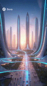 AI generated video: cinematic aerial shot of futuristic city Nova Regalis at sunrise — glowing…
