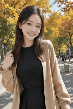 Видео, сгенерированное нейросетью: A young woman standing on an autumn street touching her hair and smiling, The…