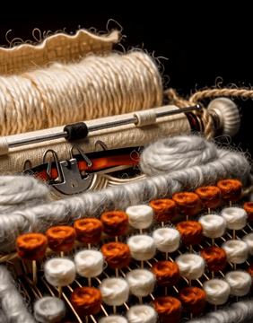AI generated video: WoolWorld, a vintage typewriter entirely covered in fine-gauge grey and rust…