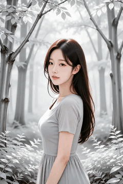 AI generated video: A woman with long brown hair is standing in the woods,, The soft wind gently…
