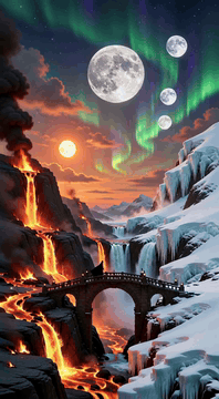 AI generated video: c1tr0nL4nd, split canyon with lava and frozen ice, arched stone bridge spanning…