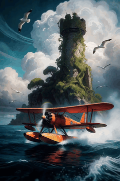 AI generated video: Bright, adventurous brass and ukulele music. The orange seaplane skims across…