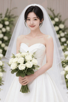 AI generated video: wedding dress stands with a smile, The veil flutters in the soft breeze, and…
