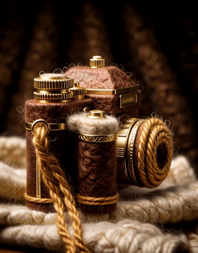 AI generated video: WoolWorld, an old leather-look camera made of chocolate brown felted wool…