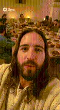 AI generated video: a selfie video from jesus showing everyone at the last supper and then he makes…