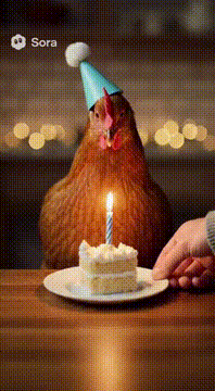 AI generated video: A chicken in a party hat is presented with a birthday cake, but when it looks…