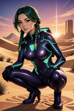 AI generated video: anime girl in deep violet stealth suit, long emerald green braids, crouching…