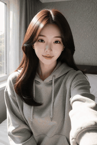 AI generated video: A woman sits on the bed and takes a selfie,, The window curtain swings slightly…