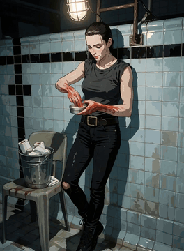 AI generated video: A six-second animated illustration. The woman leaning on the tiled wall slowly…