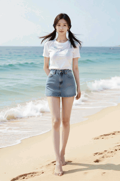 AI generated video: A young woman is walking barefoot on a beach sand field, hair blows in the…