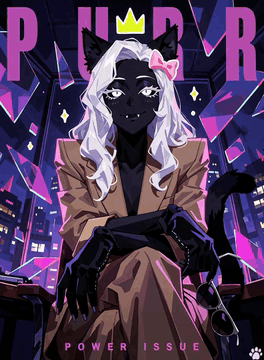 AI generated video: A six-second animated faceted key-art poster illustration. The adult catgirl…