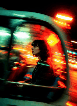 AI generated video: fast lateral tracking shot from inside a moving vehicle at night, camera…